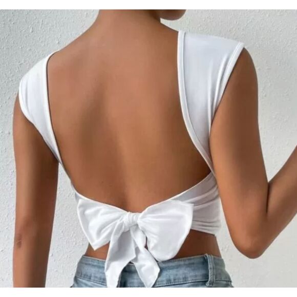 Shein NWT White Cap Sleeve Open Back Cropped Shirt Large - Picture 1 of 6